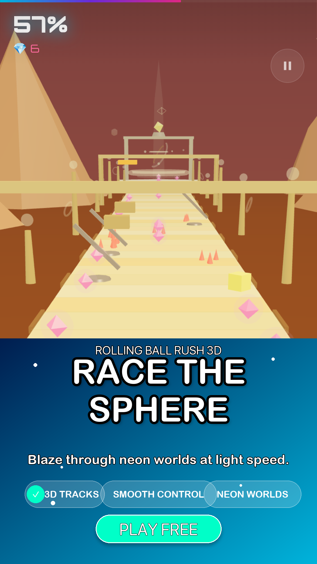 Rolling Ball Rush 3D gameplay on a neon sky track